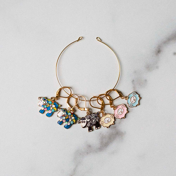 Sheep Stitch Markers on Gold Ring – Set of 6